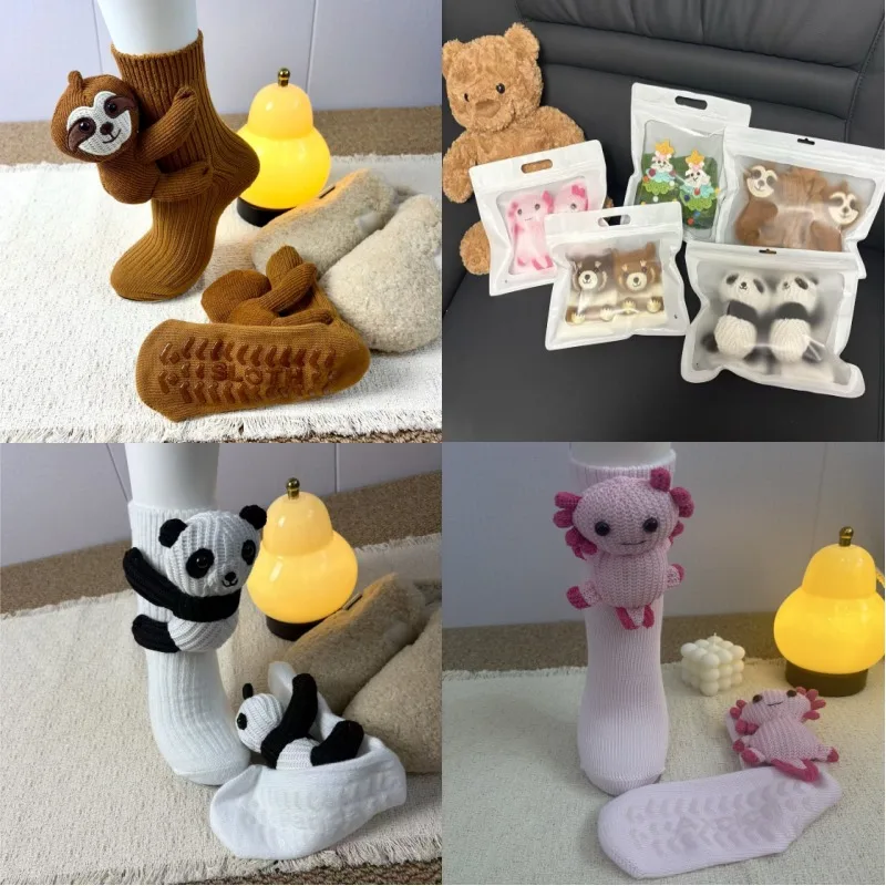High Quality 3D Knitted Cute Animal Floor Socks Fun Novelty Handmade Crocheted Warm Socks Cubic Sloth Panda Christmas Gifts