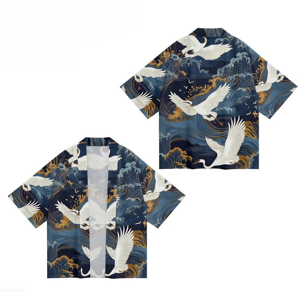 2025 الصيف قميص الشاطئ موضة سترة غير رسمية كيمونو المرأة يوكاتا اليابانية خمر نمط كرين طباعة هاوري الملابس #5