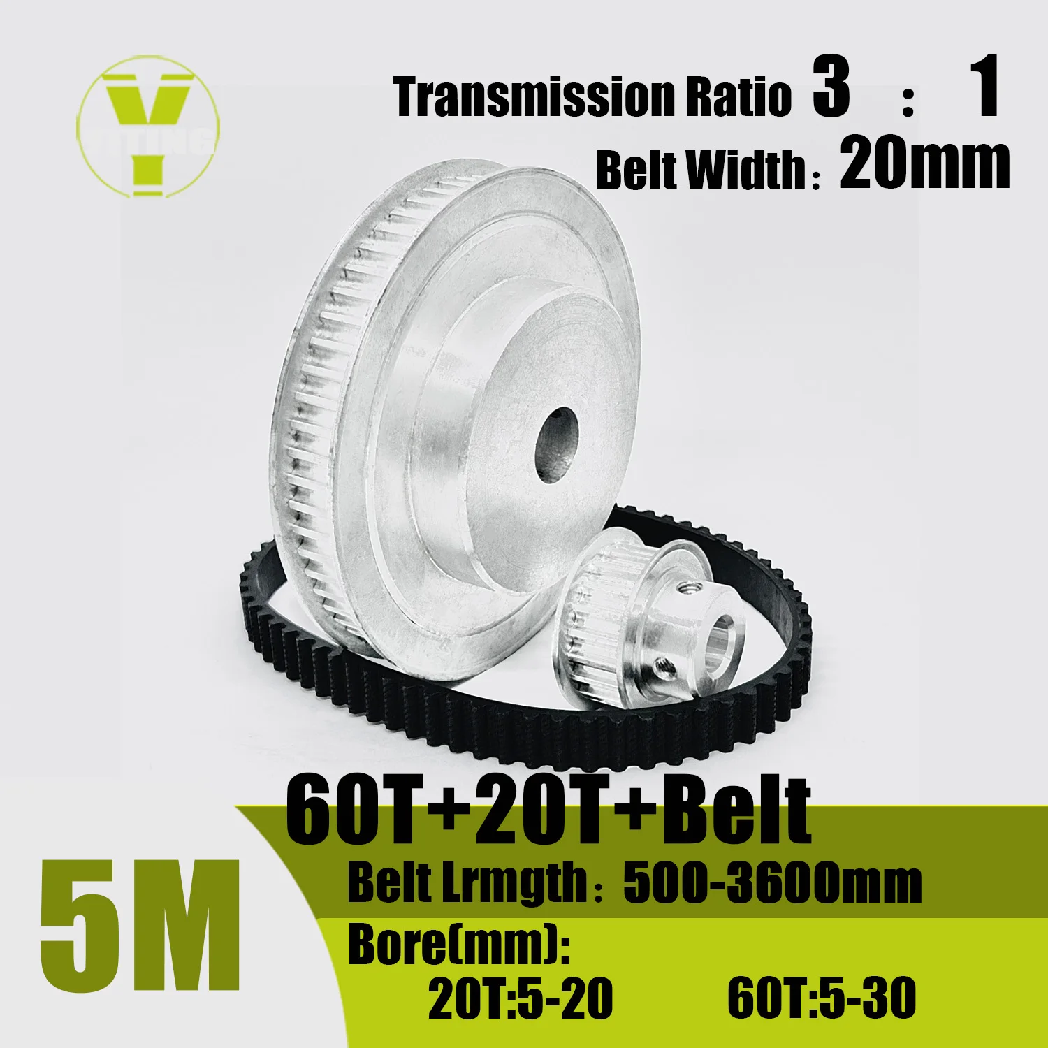 HTD5M kit 20Teeth 60Teeth  20T 60T Timing Pulley Belt Set Belt Width 20mm Bore 5~30mm Reduction 3:1 Pulley Kit Synchronous Wheel