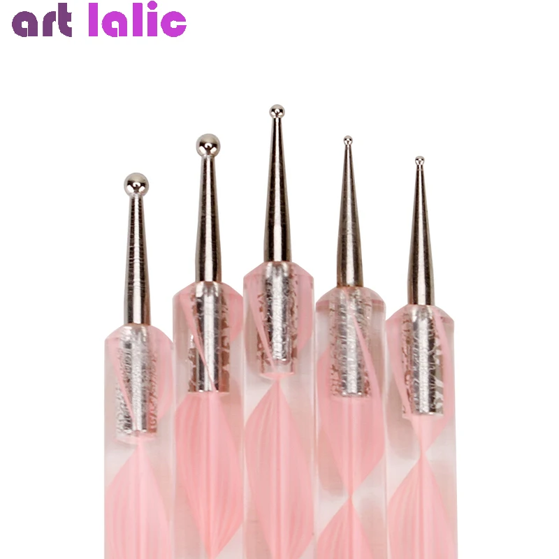 5Pcs 2 Way Nail Art Acrylic Silicone Point Flower Nail Pen Stainless Steel Dotting Tools Marbleizing Painting Pens