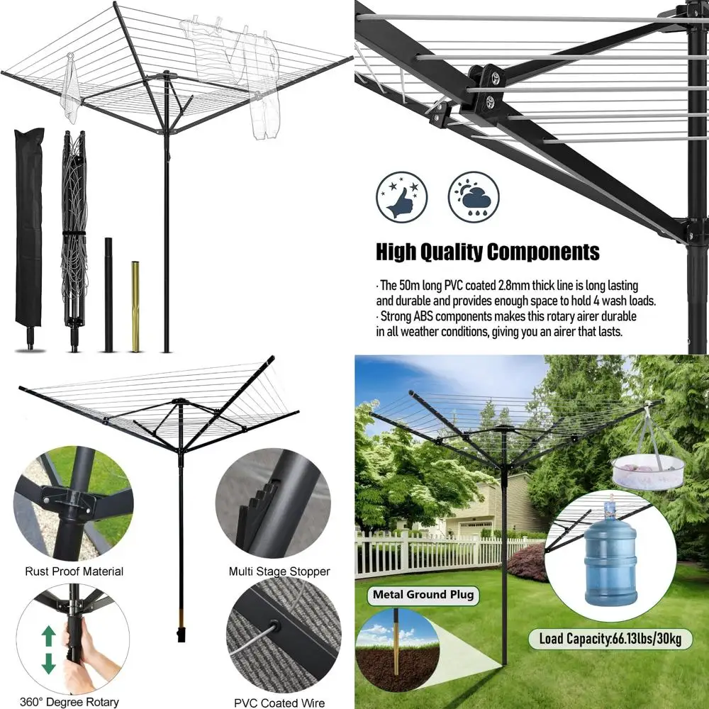 

Outdoor Clothesline with 12 Lines and 165 Feet Capacity, Heavy-Duty Steel Frame Umbrella Drying Rack for Outdoor Use