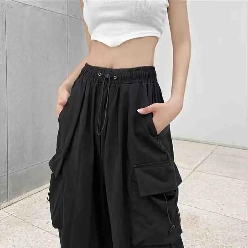2024 Moda Luźne Spodnie Cargo Kobiety Dorywczo Czarne Proste Spodnie Vintage Szerokie Nogawki Kieszenie Y2k Streetwear Lady Pant 28958