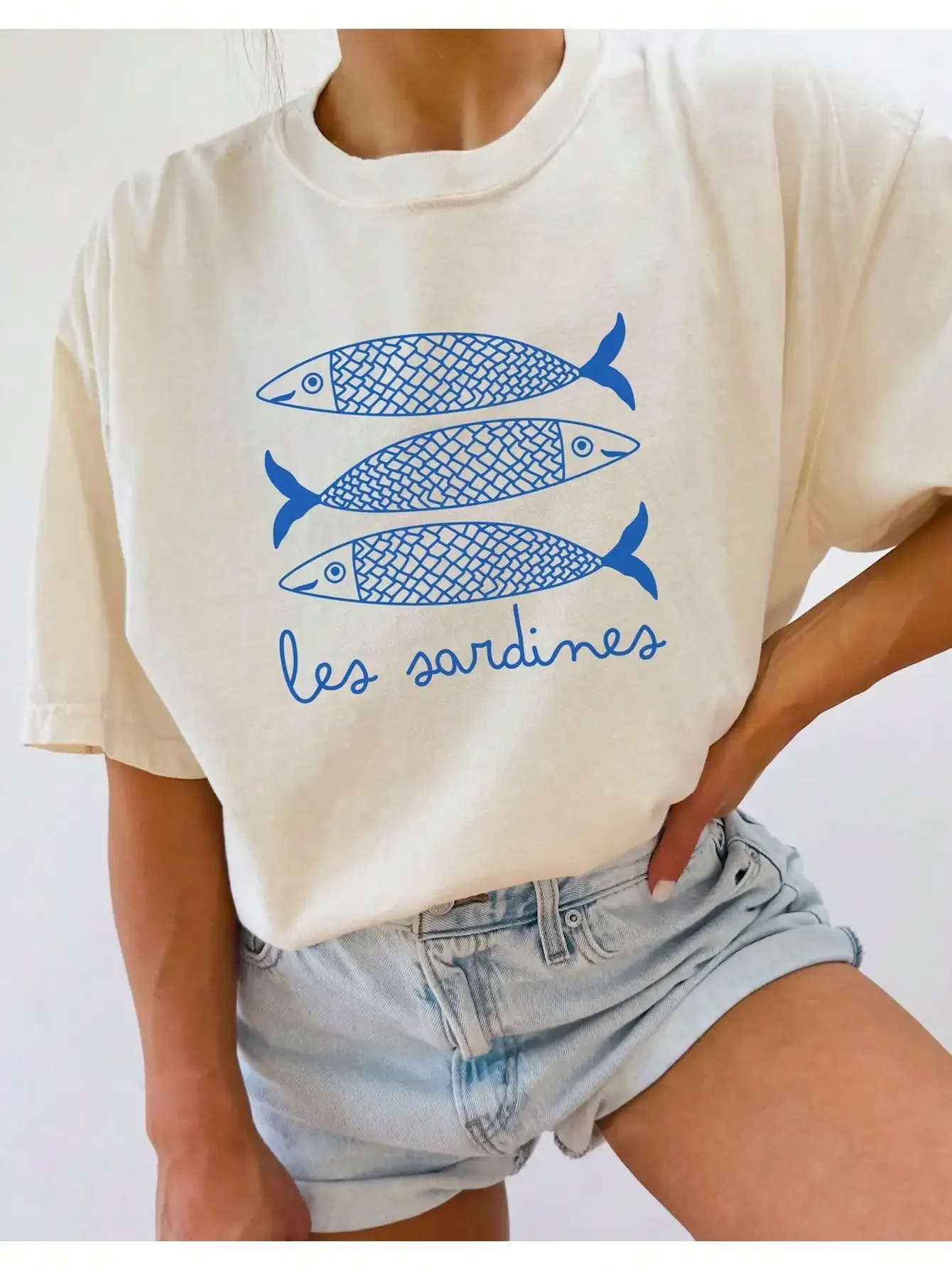 

INAWLY Sardine Print Women T Shirt Canned Fish Casual Shirt Tomato Girl Coastal Summer Girl Fashionable Casual T-shirt