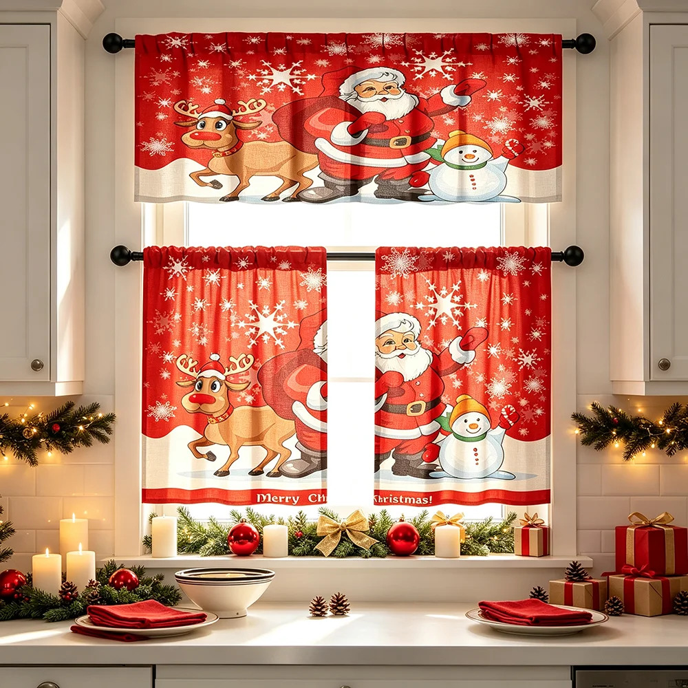 Printed Kitchen Curtain Set, Santa Reindeer, Cute Cartoon Style, Christmas, Valance and Short Curtains, Nice Kitchen Decor