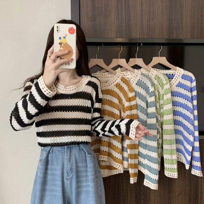 Spring and Autumn Style Shoulder Striped Ice Silk Long Sleeved Knitted T-shirt Loose and Thin Hollow Out and Unique Top