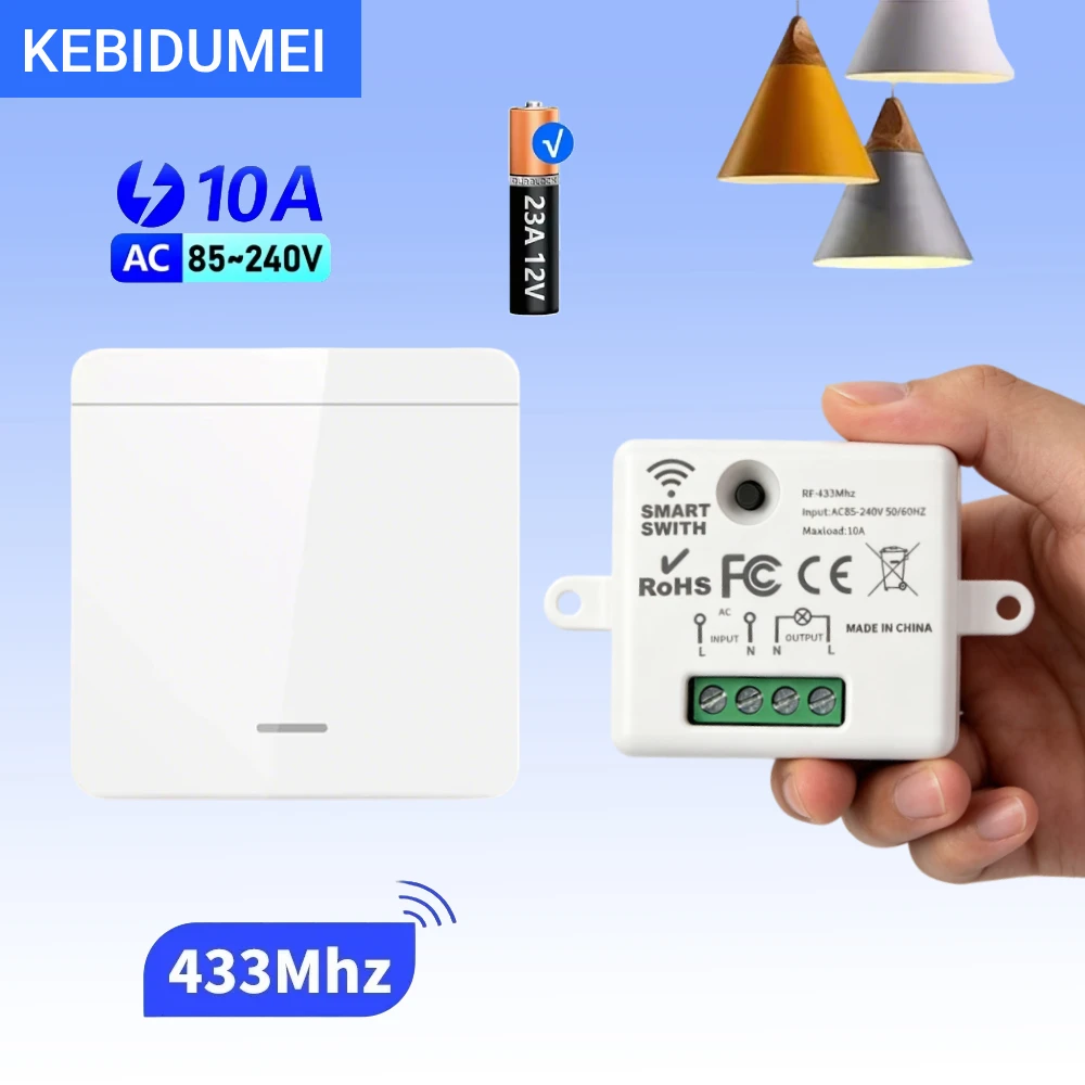 KEBIDUMEI 433MHz Smart Light Switch RF 86 Wall Panel Switch with Remote Control 110V 220V Mini RF Module for Home Appliance