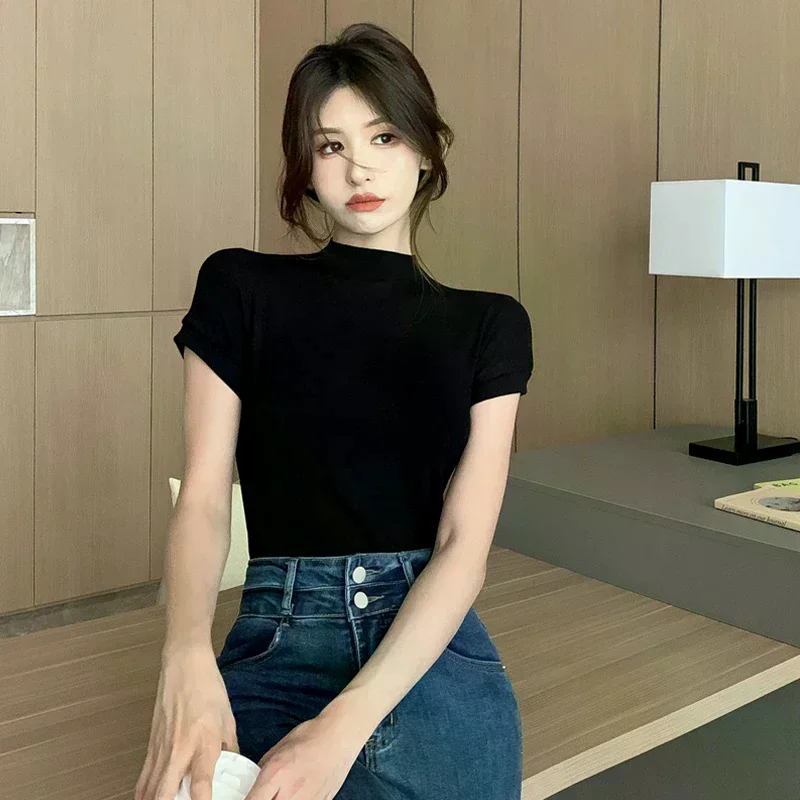 

Women's Black T-shirt Korean Solid Color Half Turtleneck Short Sleeve Slim Top