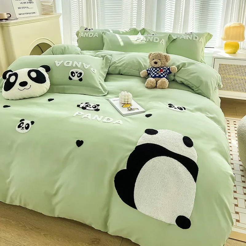 1.5/1.8M Panda Embroidery Bedding Set 4Pcs Comfortable Dormitory Bedclothes for Four Seasons Soft Washed Bedroom Bed Decoration