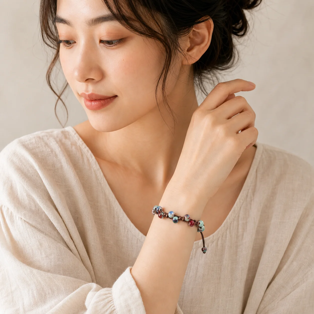 Handmade Ceramic Bead Bracelet with Waxed Cord Hand Braiding Adjustable Small Empress Wrist Jewelry Y260714-08
