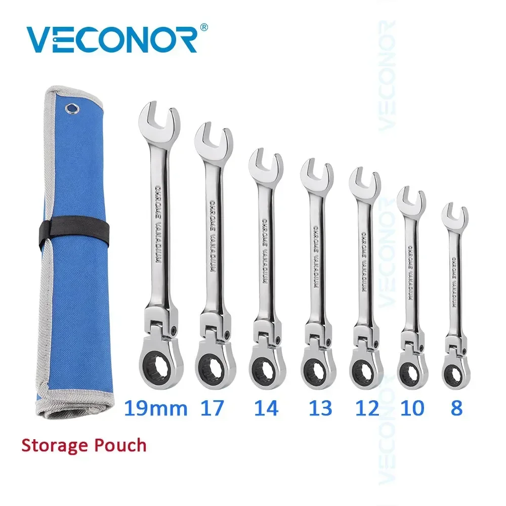 7-Piece 8-19mm Ratchet Wrench Set of Keys 72-Tooth Flexible Head Mirror Polished with Storage Pouch