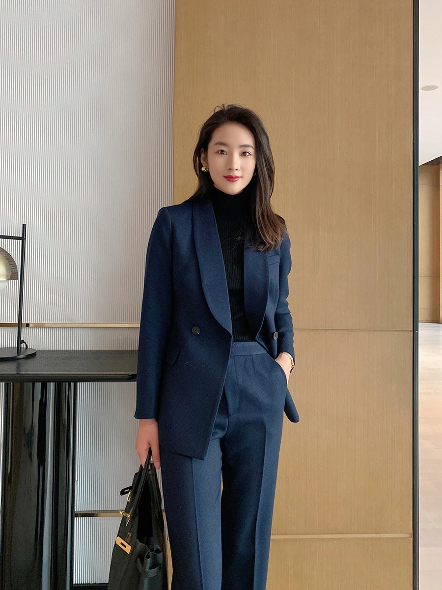 

Winter Thiened Slimming Tailored Suit Pants Office Commute Busin Women's Clothing Set High Waist Flared Leg Wool Blend