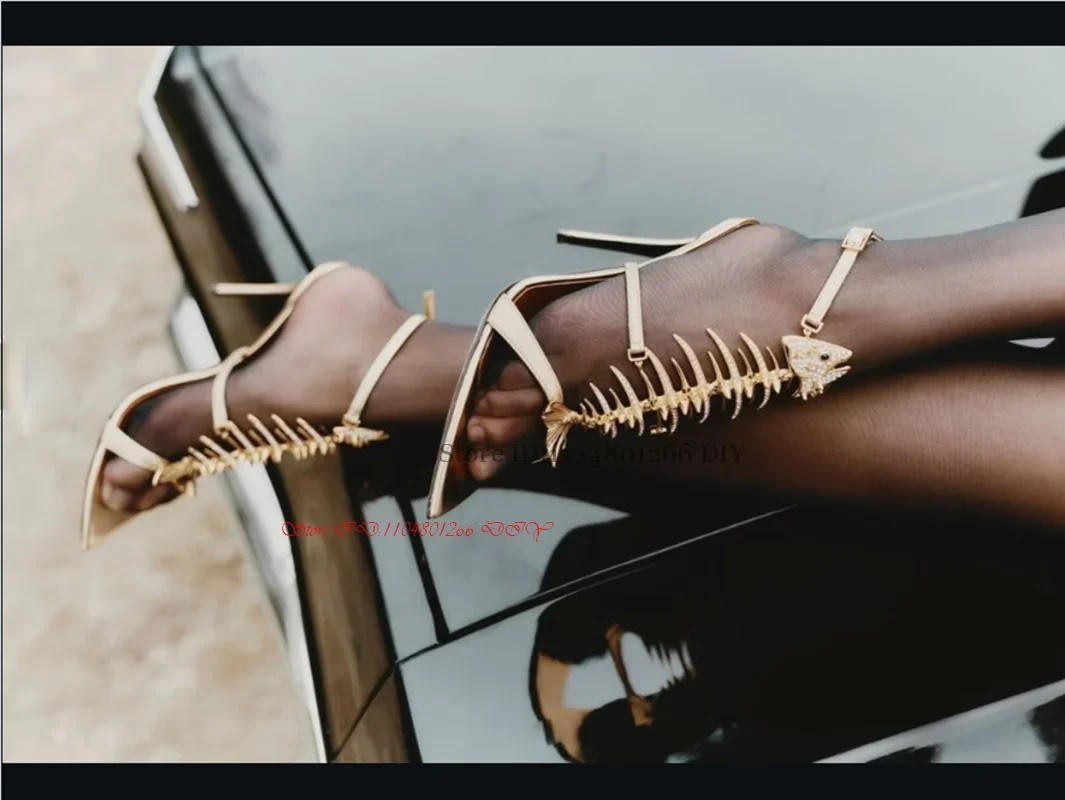 

Women's Gold Fishbone High Heel Sandals Shiny Crystal Embellished Patent Leather Belt Strap Open Toe Ankle Wrap Summer Shoes