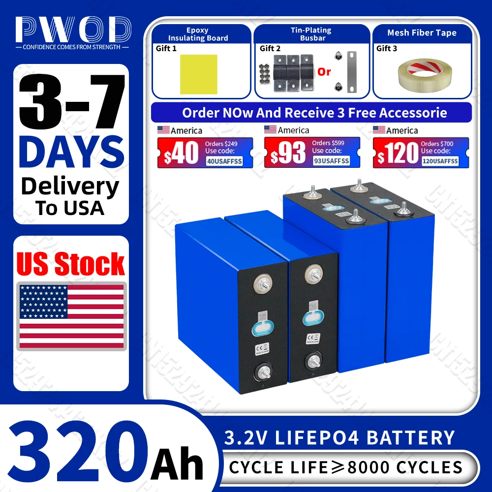 3.2V Lifepo4 Battery 320AH US Stock 8000 Cycles Rechargeable Batteries DIY 12V 24V 48V RV EV Boat Golf Cart Yacht Van Cell Pack