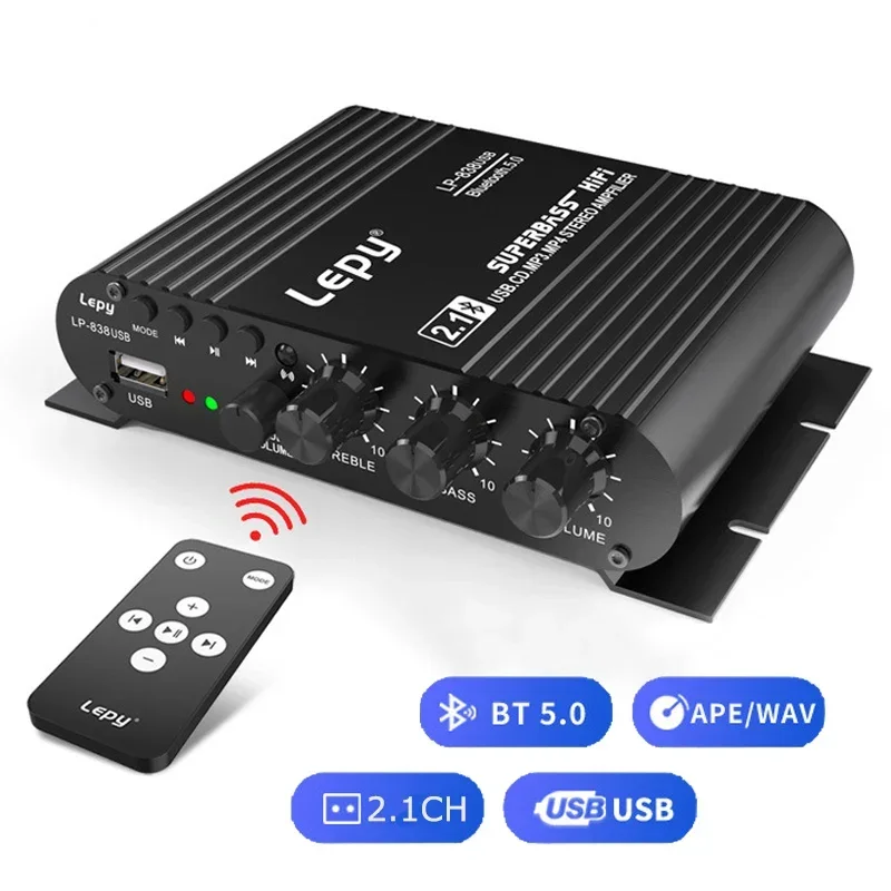 LEPY LP-838USB Bluetooth 5.0 Amplifier 2.1 3 Channel Super Bass Support USB Lossless Music Play With Remote Control Digital Amp