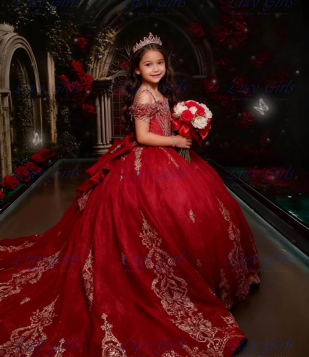 Elegant Red Flower Girl Dress Gold Applique for Wedding Crystal Girls Pageant Dress with Long Bow Off Shoulder Ball Gown Dress
