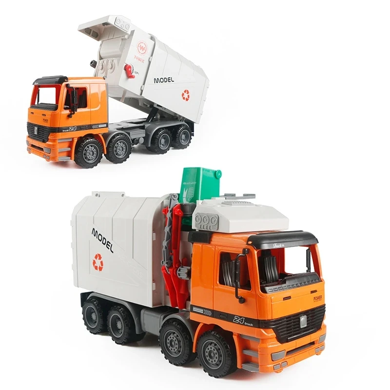 Large Size Children Simulation Garbage Orange Truck Sanitation Car Vehicle Toy Kid Toys With 1 Garbage Can Hand Cranking Operate