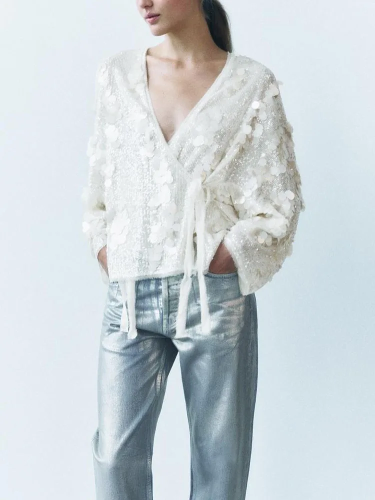 

Elegant Women Glitter Simple Party Clothing Fashion V-neck Sequins Lace Up Cardigans Autumn New Long Sleeve Loose Commute Tops
