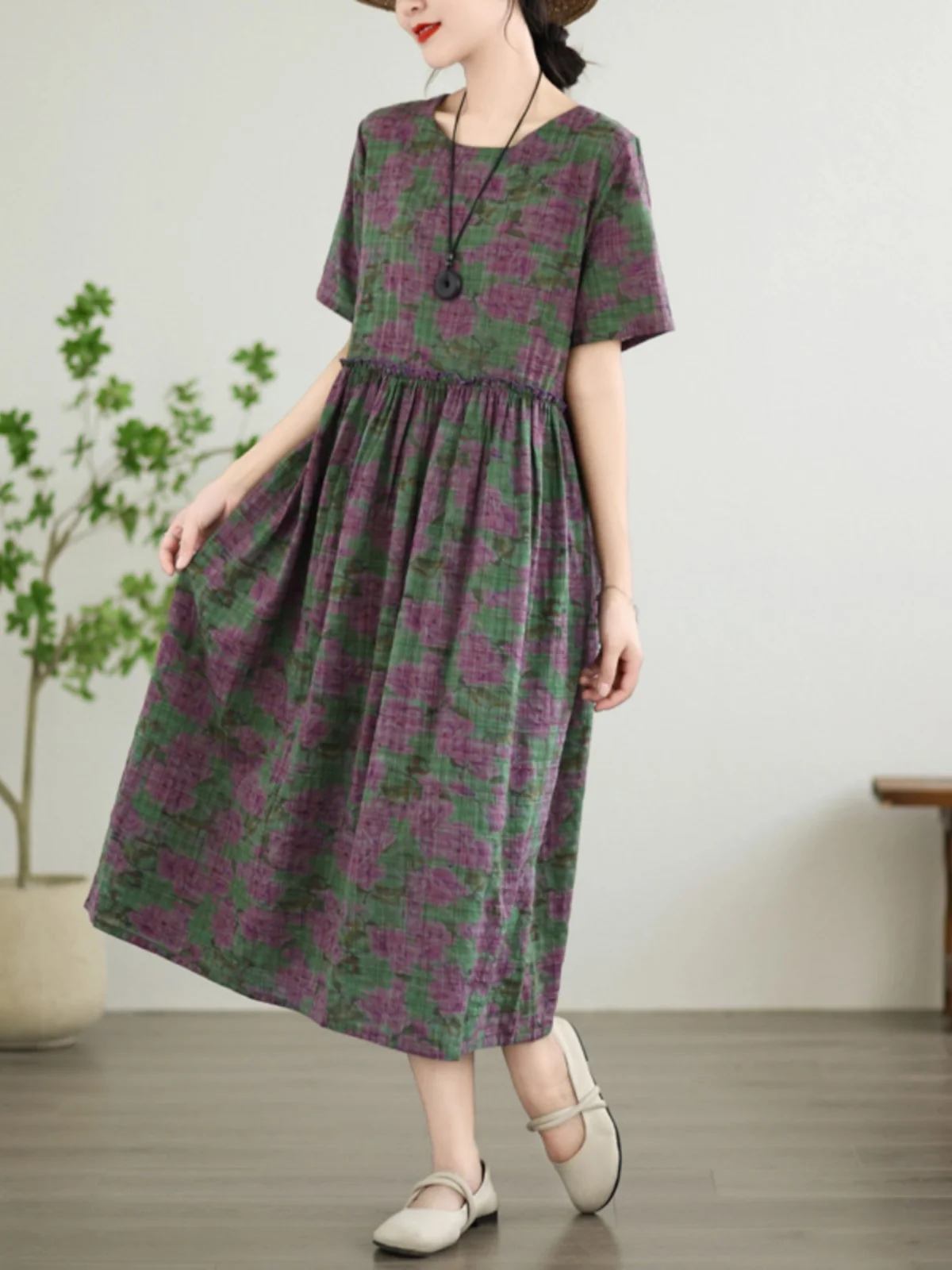 レトロなコットンリネンまたはスウェードのような大きなサイズの女性用ファッション、ラウンドネック、ゆったりとした花柄のAラインスカート、通勤用、プリント入りD...