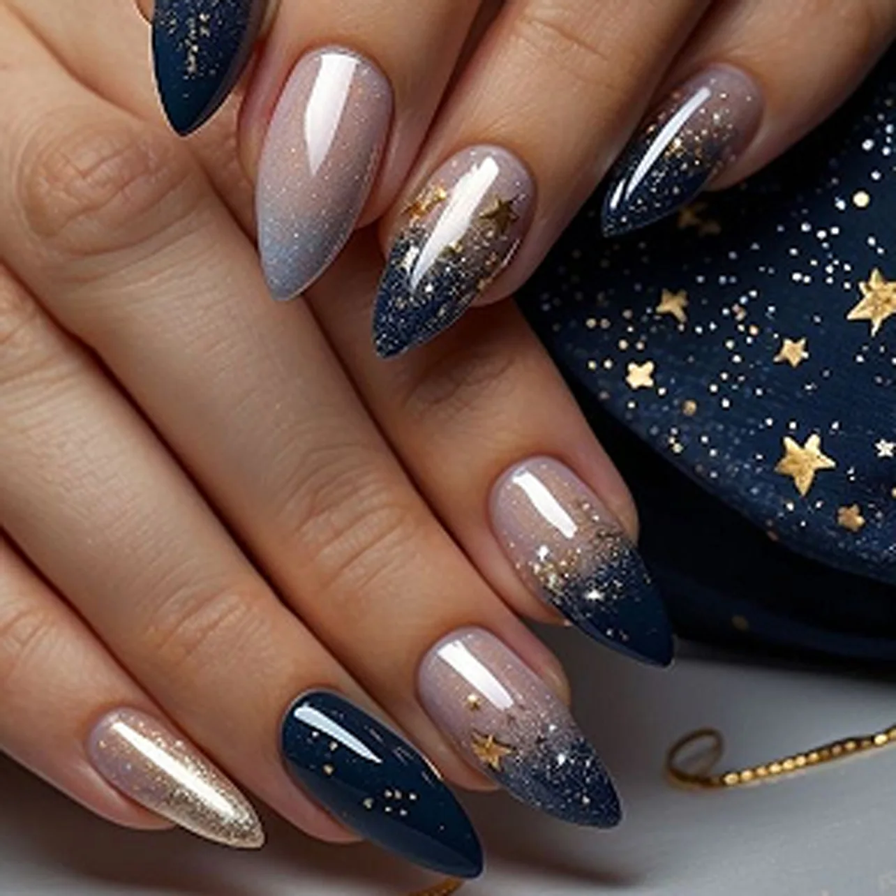 24 Uds. De uñas postizas brillantes de cielo estrellado azul oscuro, uñas postizas de estilo francés con estrella dorada, uñas postizas Artificiao de almendra dulce y fresca