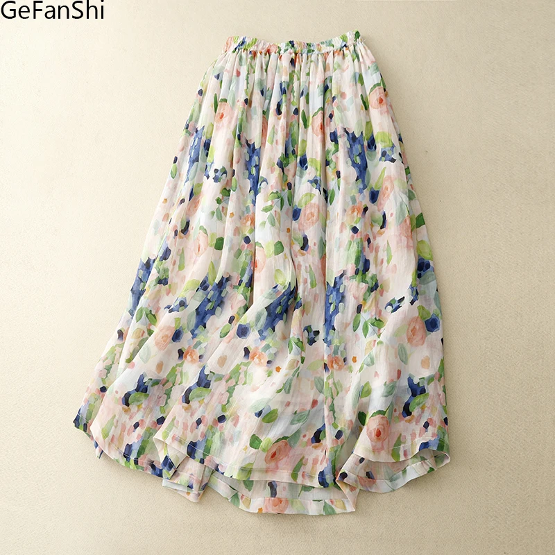 

New 2024 Summer Print Soft Thin Casual Loose Women‘s Elastic Waist Skirts Ladies A-line Skirt Female Fashion Elegant Clothing