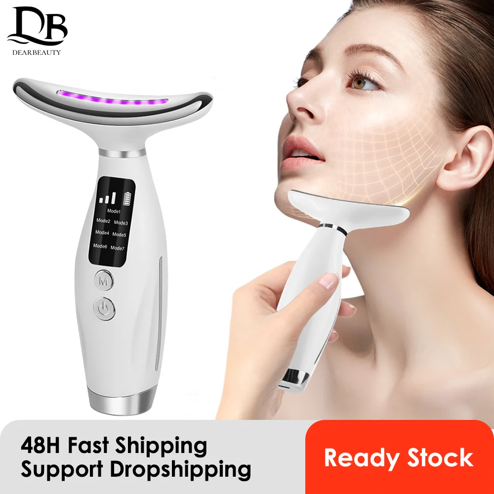 Neck Face Beauty Device Facial Lifting Massager 7 Color LED Photon Therapy Ion Introduction Skin Tighten Heat Reduce Double Chin