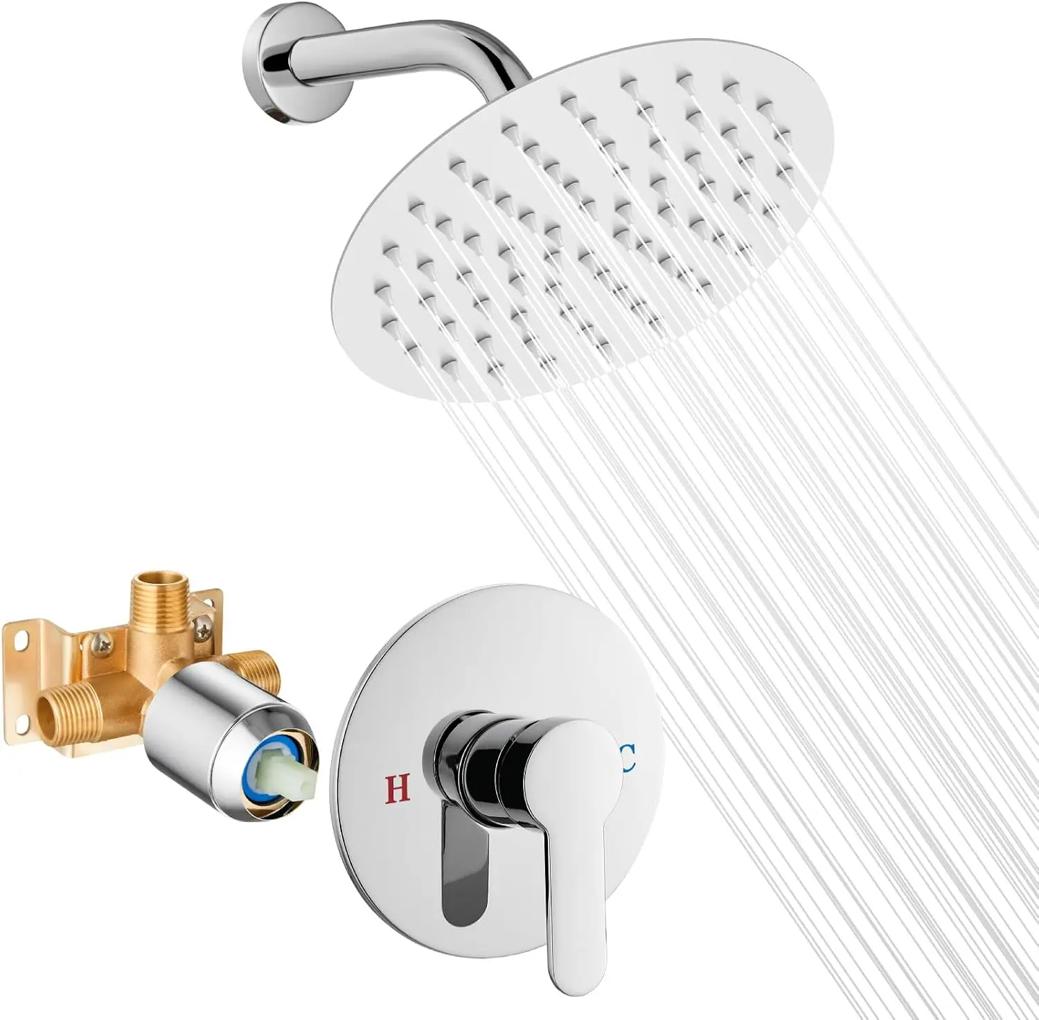 8 Inch Round Rainfall Shower Head Set, SUS304 Stainless Steel Single Handle Shower Trim Kit, Wall Mount System with Valve, Chrome