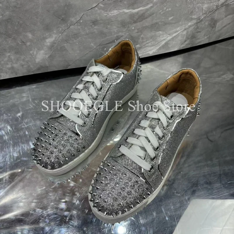 Silver Studded Casual Flats For Men Sneaker Round Toe Lace-Up Men Shoes Genuine Leather New Style Comfort Slip-on Spring Shoes