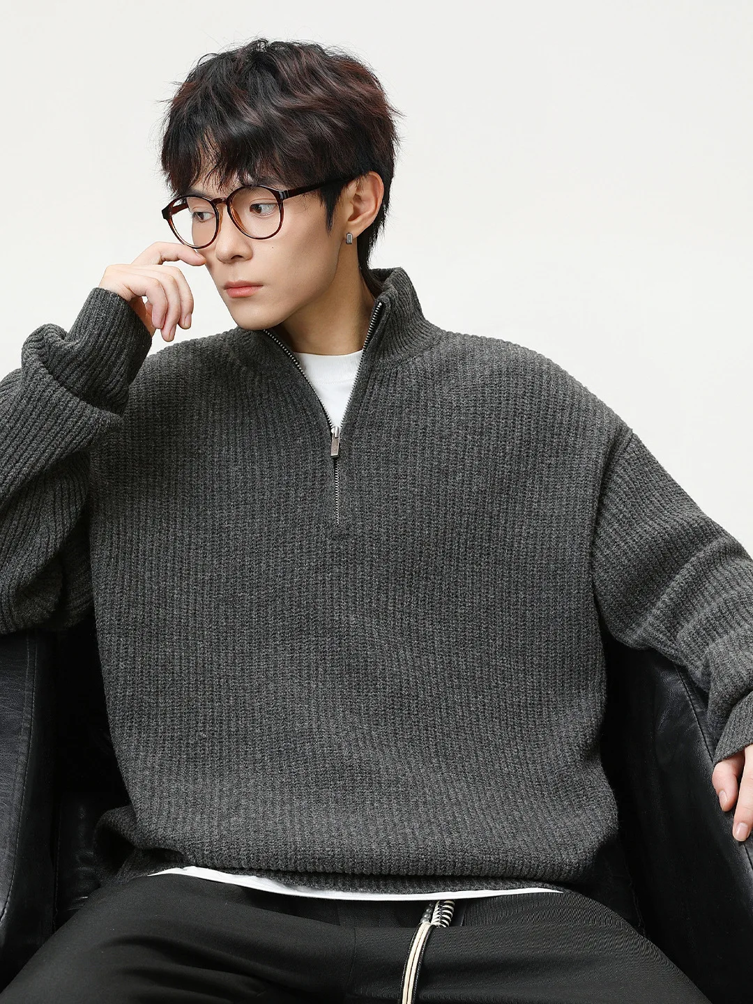 

Мужской вязаный свитер свободного кроя с воротником-стойкой на молнии, из искусственного оленьего бархата, теплый, повседневный, из полиэфирного волокна, с длинными рукавами