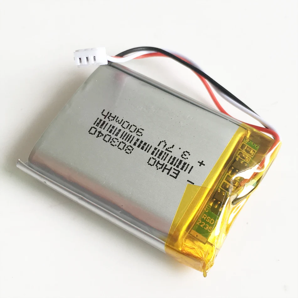 3.7V 900mAh Lithium Polymer LiPo Rechargeable Battery with JST 1.25mm 3pin Connector For MP3 PAD camera GPS laptop 803040