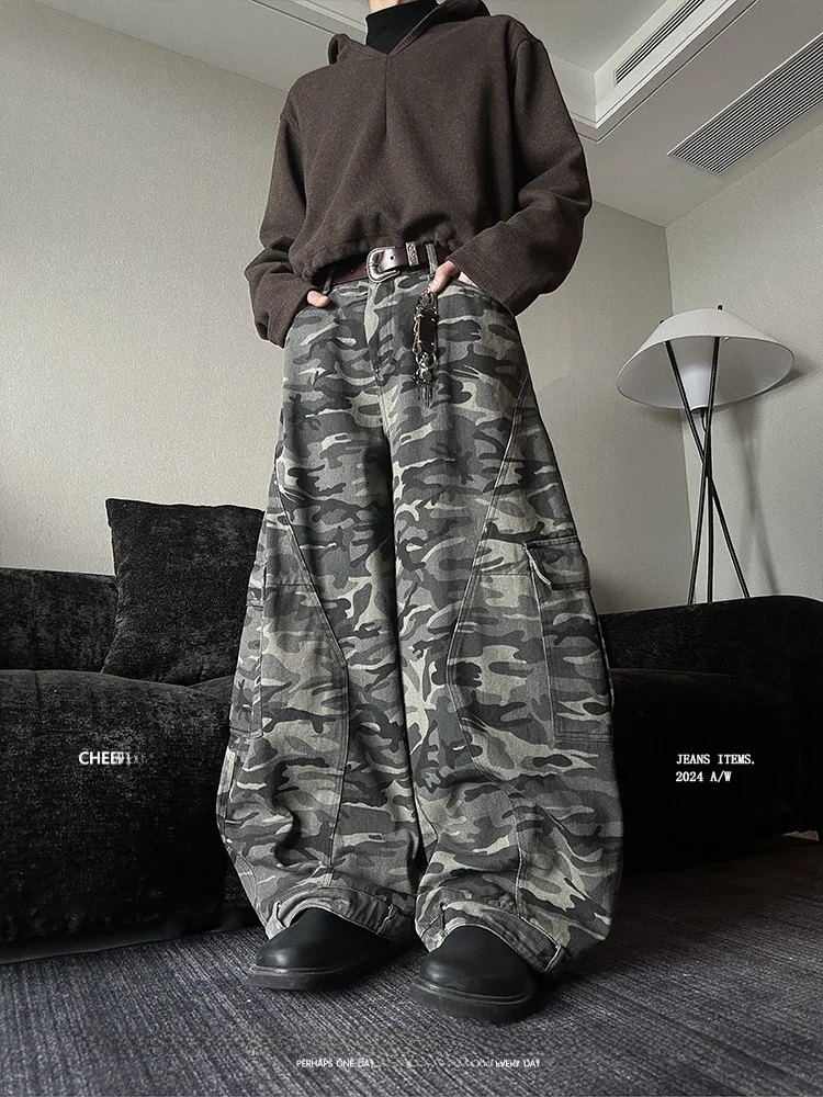 

Американские ретро-брюки-карго с камуфляжным принтом, свободные повседневные джинсы с широкими штанинами и множеством карманов, модные молодежные популярные длинные брюки унисекс