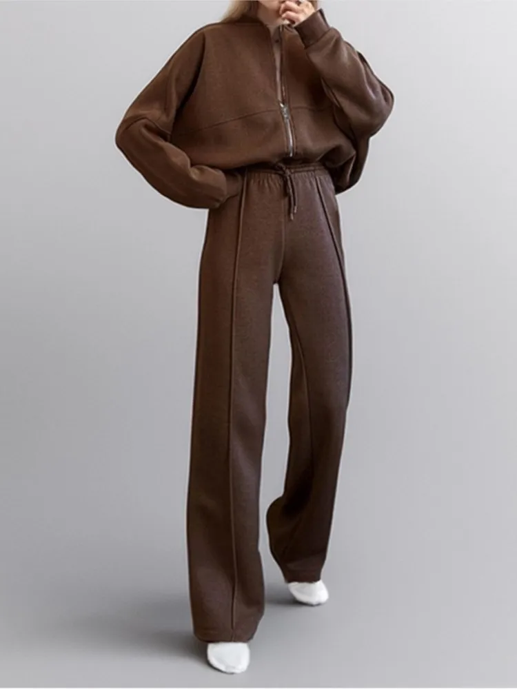 

Casual Solid Color Pant Suit For Women Autumn Winter Fashion Short Sweatshirt Wide-leg Pants Two-piece Sets Ladies Office Outfit