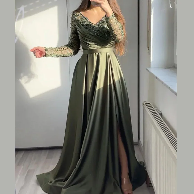 

Evening Dress Women Wrapped Chest Ruffled Black Green Mid-Waist V-neck Solid Color Elegant Lace Long Sleeve Dresses Retro Sytle