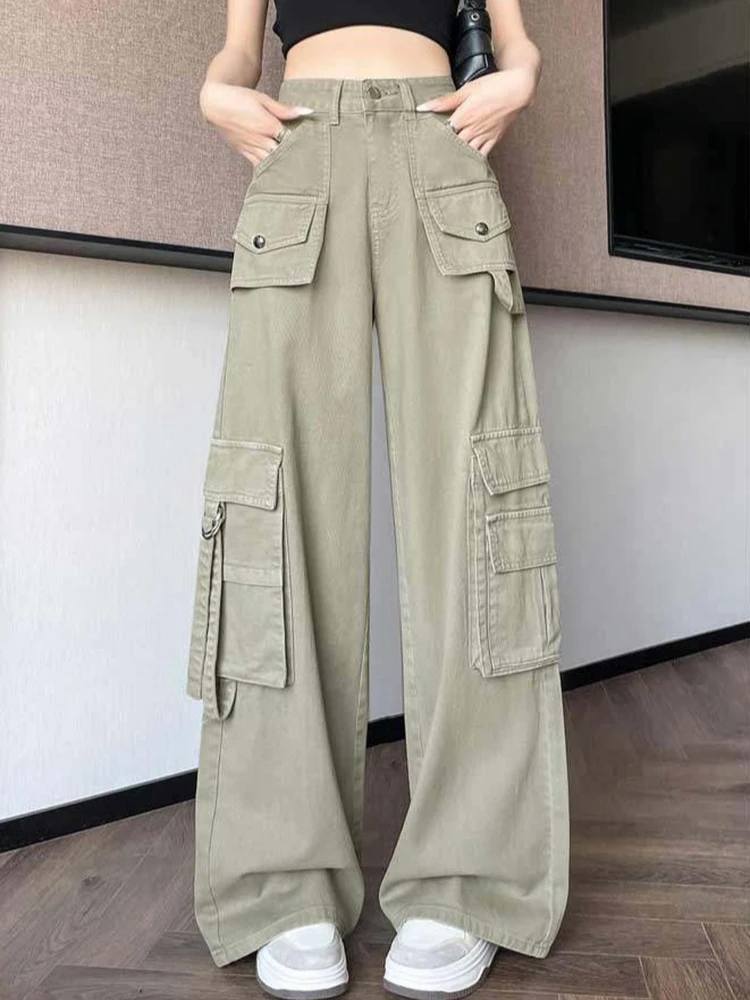 American style cargo pants women's autumn new trendy loose straight leg high waisted multi-pocket denim wide leg pants