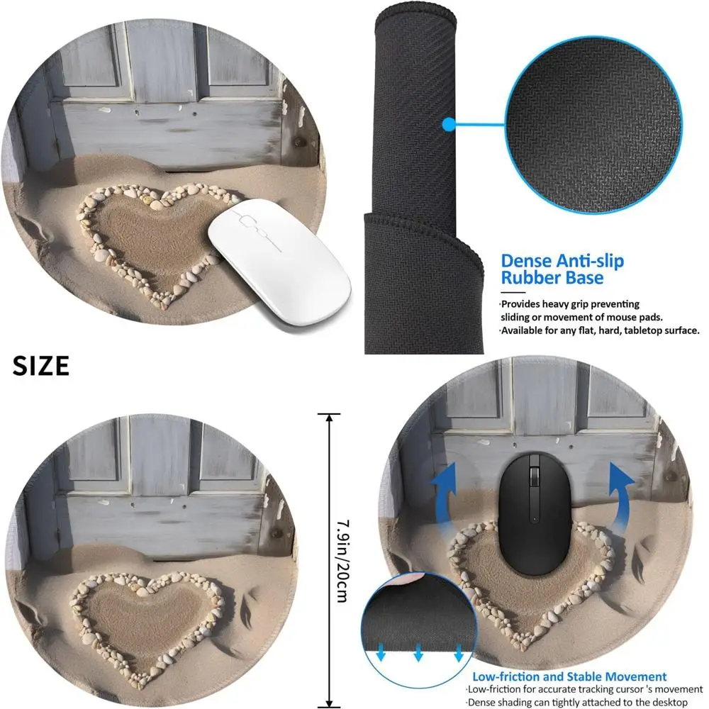 

8 Inch Round Beach Sand Heart Design Gaming Mouse Pad with Stitched Edges and Non-Slip Rubber Base, Waterproof for Comfortable C