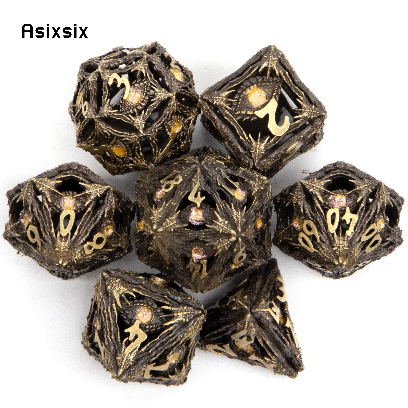 

7 Pcs Yellow Eyes Metal Dice Hollow Metal Polyhedral Dice Set Suitable for Role-Playing RPG Board Game Card Game