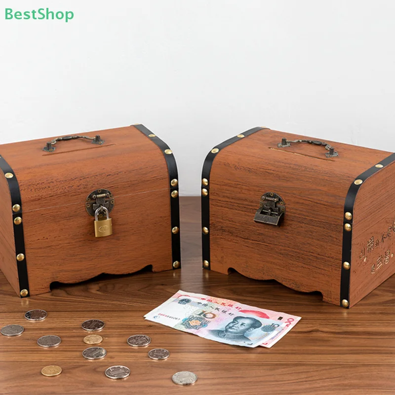 1 Set Vintage Treasure Storage Box Wooden Treasure Chest With Lock Piggy Bank Organizer Saving Box Case For Home Decoration