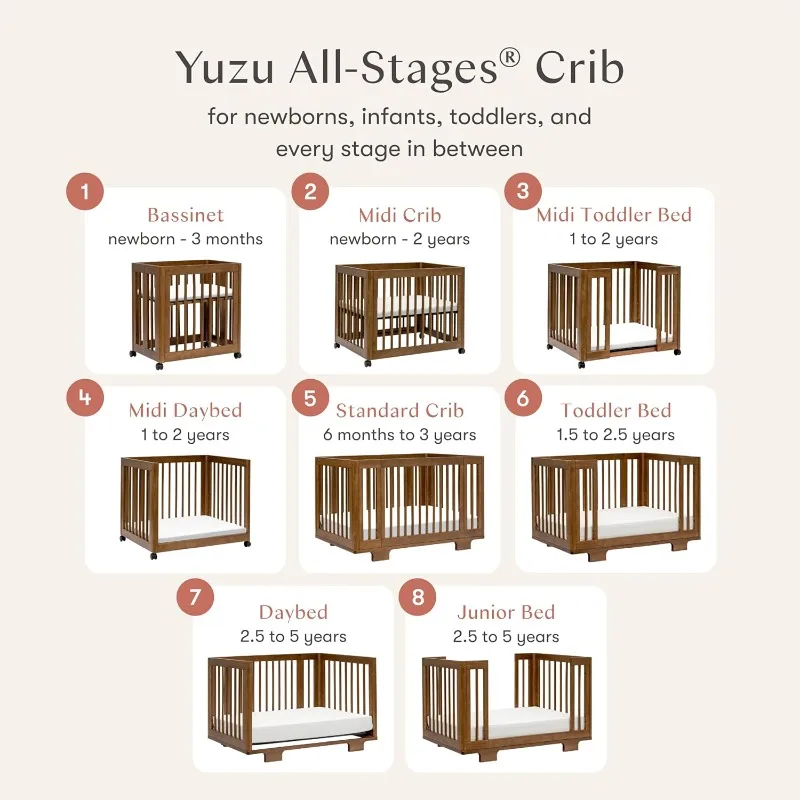 سرير Yuzu قابل للتحويل لجميع المراحل، متوسط الطول، سرير قياسي من خشب الجوز الطبيعي، معتمد من Greenguard Gold، محمول وAdj