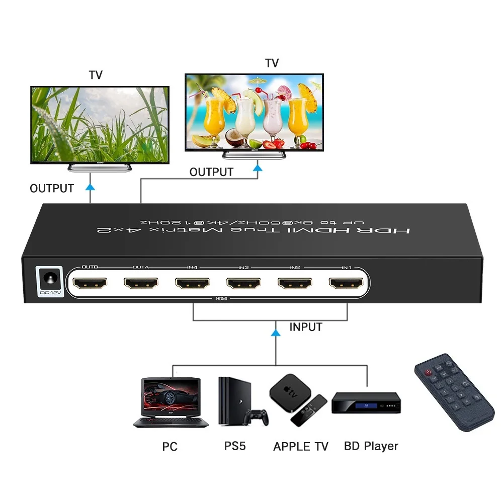 8K 60Hz HDMI-Compatible Swither 4 In 1 Out Splitter Matrix 4x2 Audio Extractor Dolby Vision ALLM VRR HDR10+ for PS5 XBOX HDTV