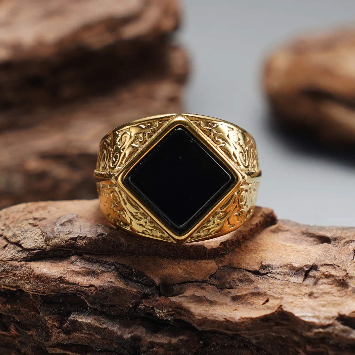 Vintage Gravierter Rhombus-Achat Herrenring, 316L Edelstahl Trendiger Statement-Schmuck – Detail 5
