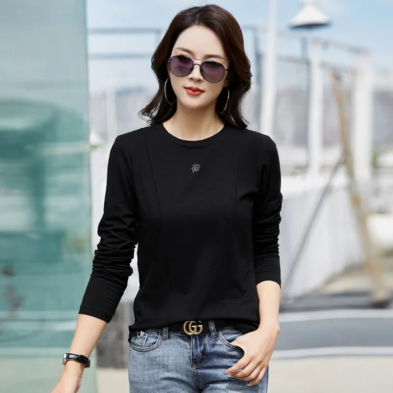 New Spring and Autumn Ladies Long-sleeved T-shirt Bottoming Shirt Big Yards Women\'s Stretchy Inner Women\'s T-shirt Tops