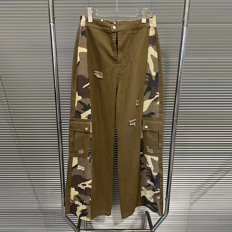 KBQ 히트 컬러 카모플라주 루즈 캐주얼 바지 여성용 하이웨이스트 스플라이스 포켓 카고 팬츠 여성 패션 가을 스타일 신상