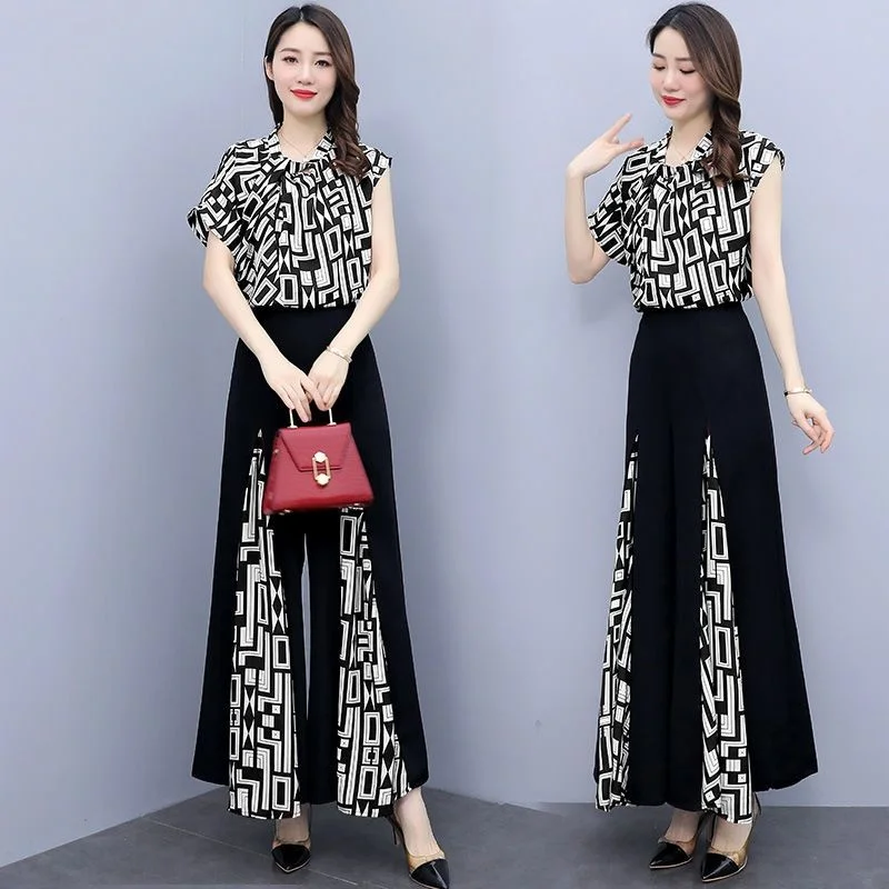 

2023 New Summer Women's Suit Fashion And Temperament Plus Size Clothing Chiffon Corp Tops Wide Leg Pants Two Piece Set For Women