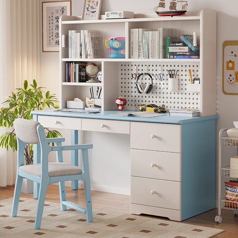 Kids Solid Wood Study Desk With Bookshelf And Pegboard Student Writing Table Children Furniture For Bedroom Learning Study Desk