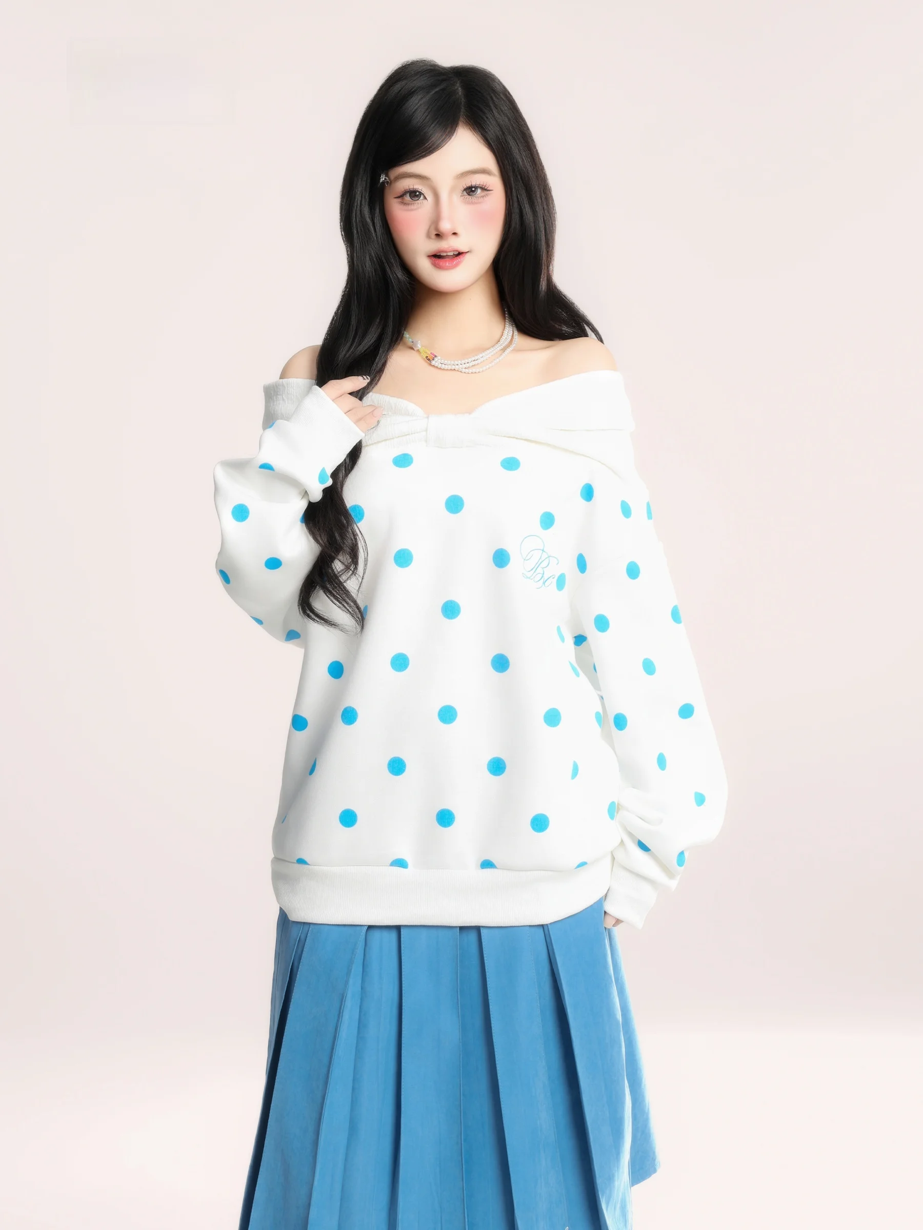 

Корейский свитшот в горошек с узлом на одно плечо, женский, свободный, повседневный, весенняя новинка