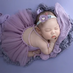 Ylsteed Knitted Mink Fleece Newborn Photography Outfits Girl Violet Fluffy Mesh Romper With Mini Shoes Infant Photo Props