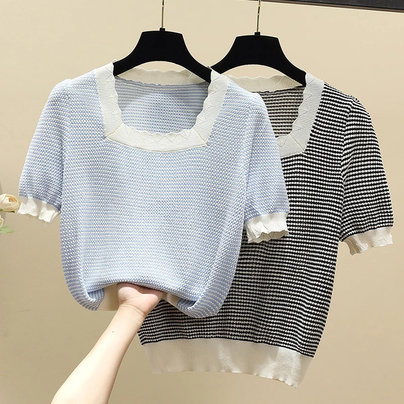 

Plaid Printed Knitted Tshirt Sweater Women Pullover Tops 2025 Summer Square Collar Short Sleeve Elegant Fashion Ladies Knitwear
