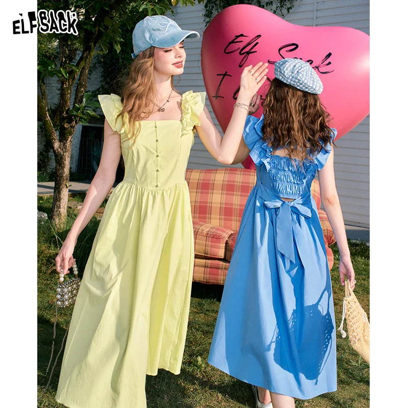 

ELFSACK 2024 Summer New Arrivals Flying sleeves waist sexy square neck slim blue temperament dress for women