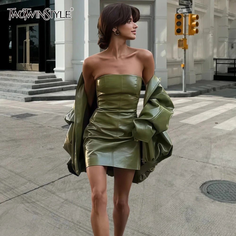 

TWOTWINSTYLE Two Piece Set for Women Lapel Long Sleeve Pu Leather Jacket with High Waist Slim Strapless Dress Sexy Outfit Female