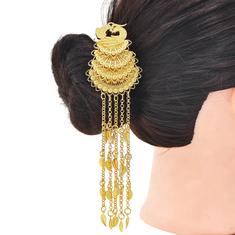 Alloy Leaves Tassels Women Hair Sticks Indian Wedding Peacock Glossy Metal Hairpin Bohemian Ethnic Hair Jewelry Female