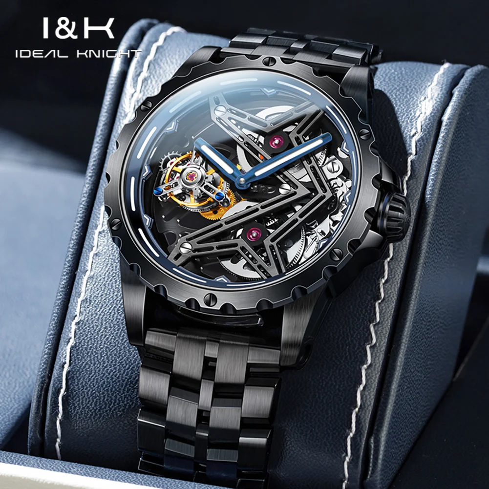 IDEAL KNIGHT 6802 Automatic Mechanical Tourbillon Watch Men Waterproof Luminous Watch 44mm Big Dial Wristwatch